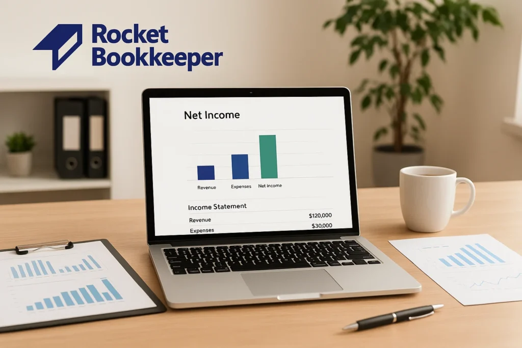 Rocket Bookkeeper dashboard showing net income tracking, financial reports, and profit insights for small businesses.