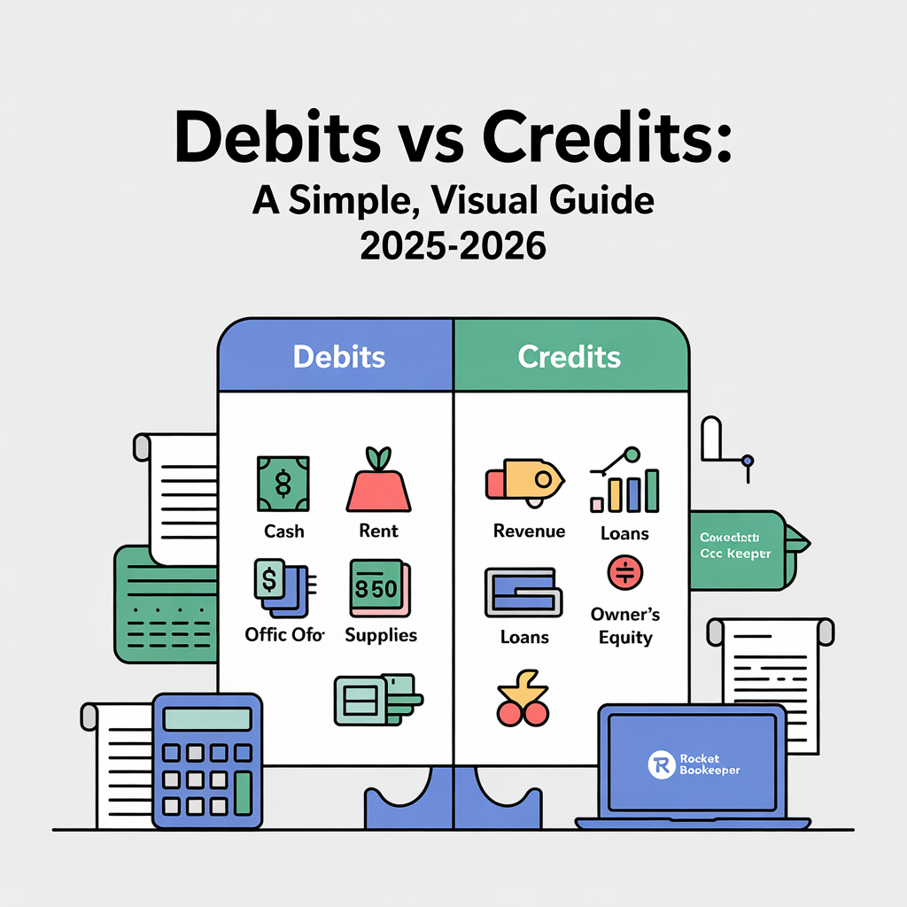 Debit vs Credit infographic with T-account, showing cash, expenses, revenue, and equity for small business bookkeeping by Rocket Bookkeeper.