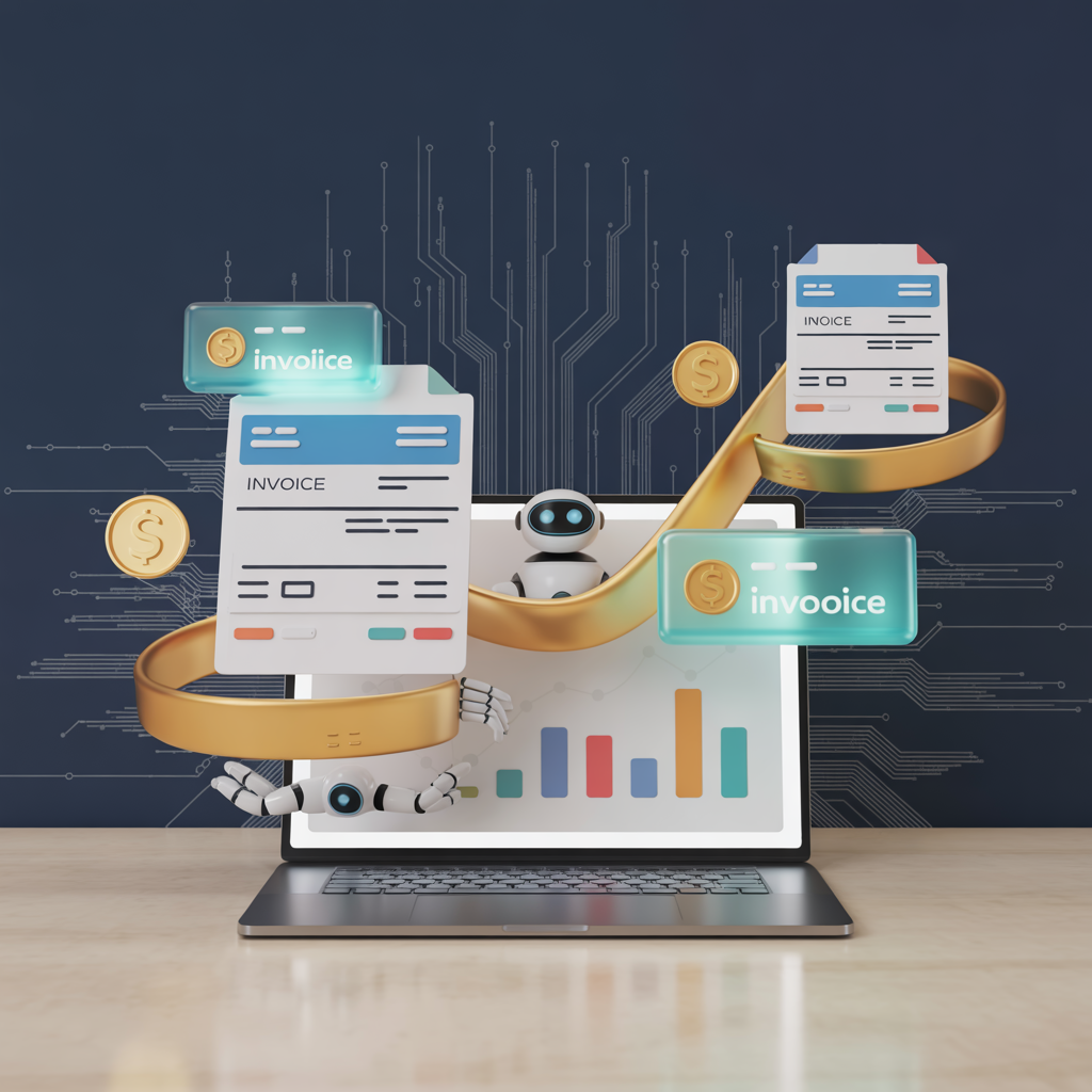 A robot automating online bookkeeping tasks using AI technology and digital accounting tools.