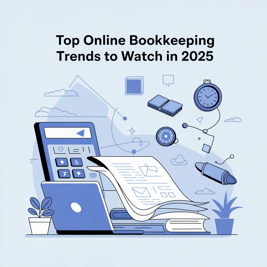 Digital dashboard showing AI and cloud-based tools highlighting top online bookkeeping trends for 2025.
